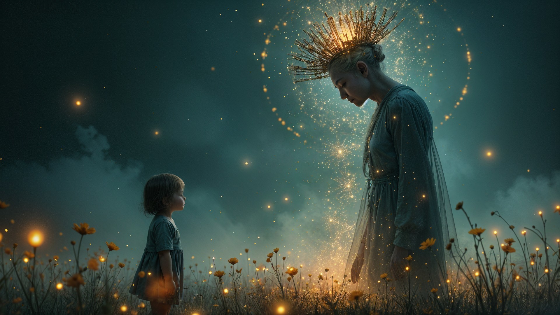 Ethereal Woman and Child in a Mystical Flower Field