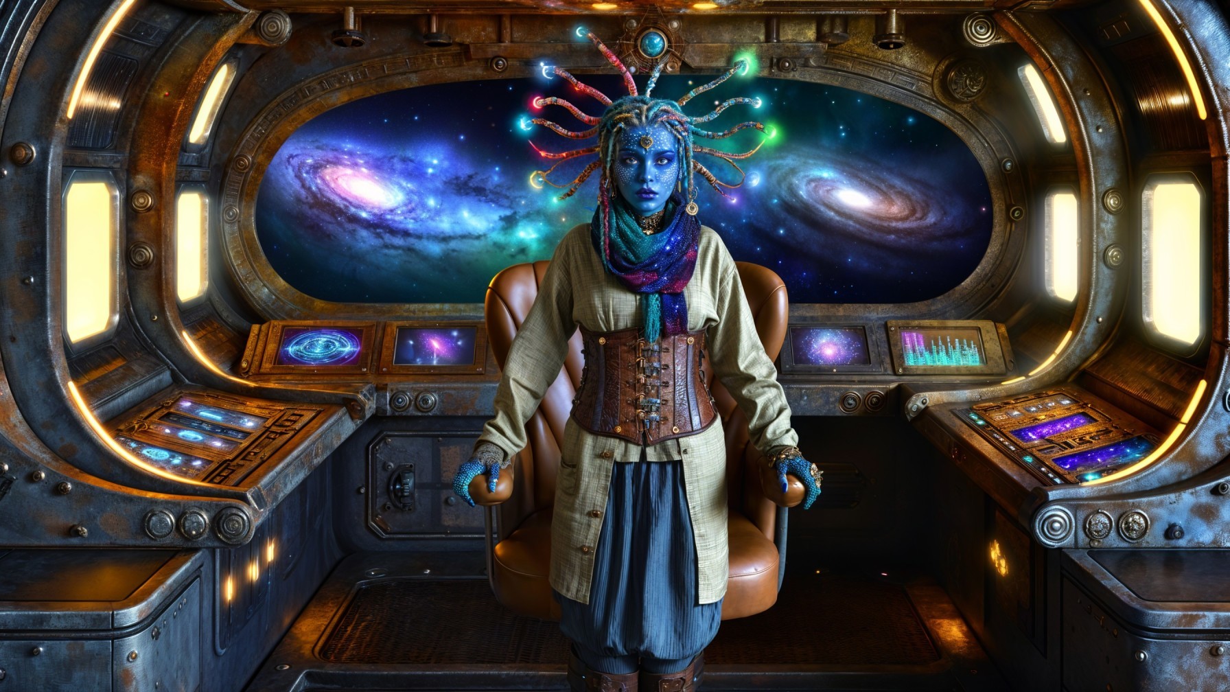 Steampunk Cockpit with Cosmic Backdrop and Vibrant Figure