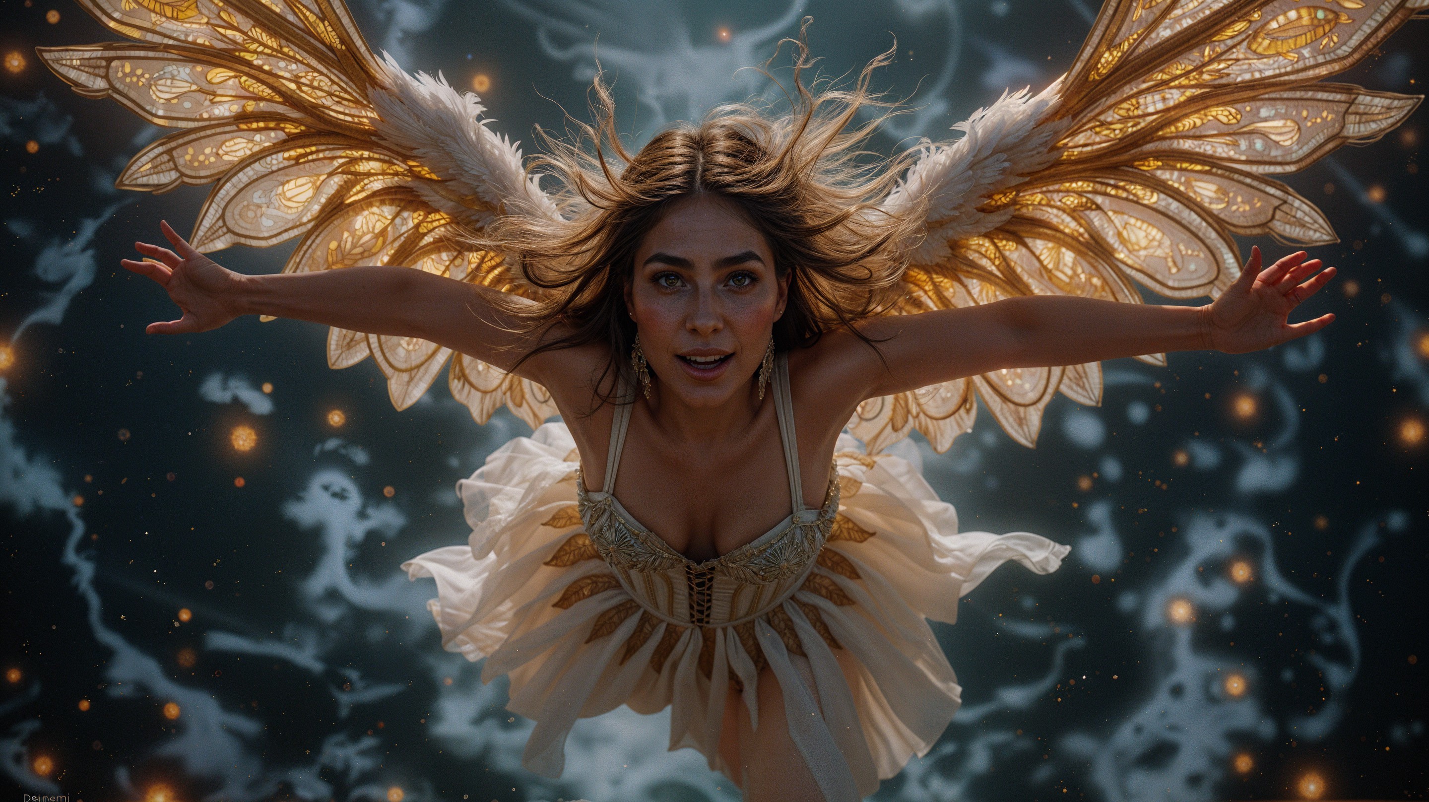 Celestial Figure with Intricate Wings in Ethereal Light