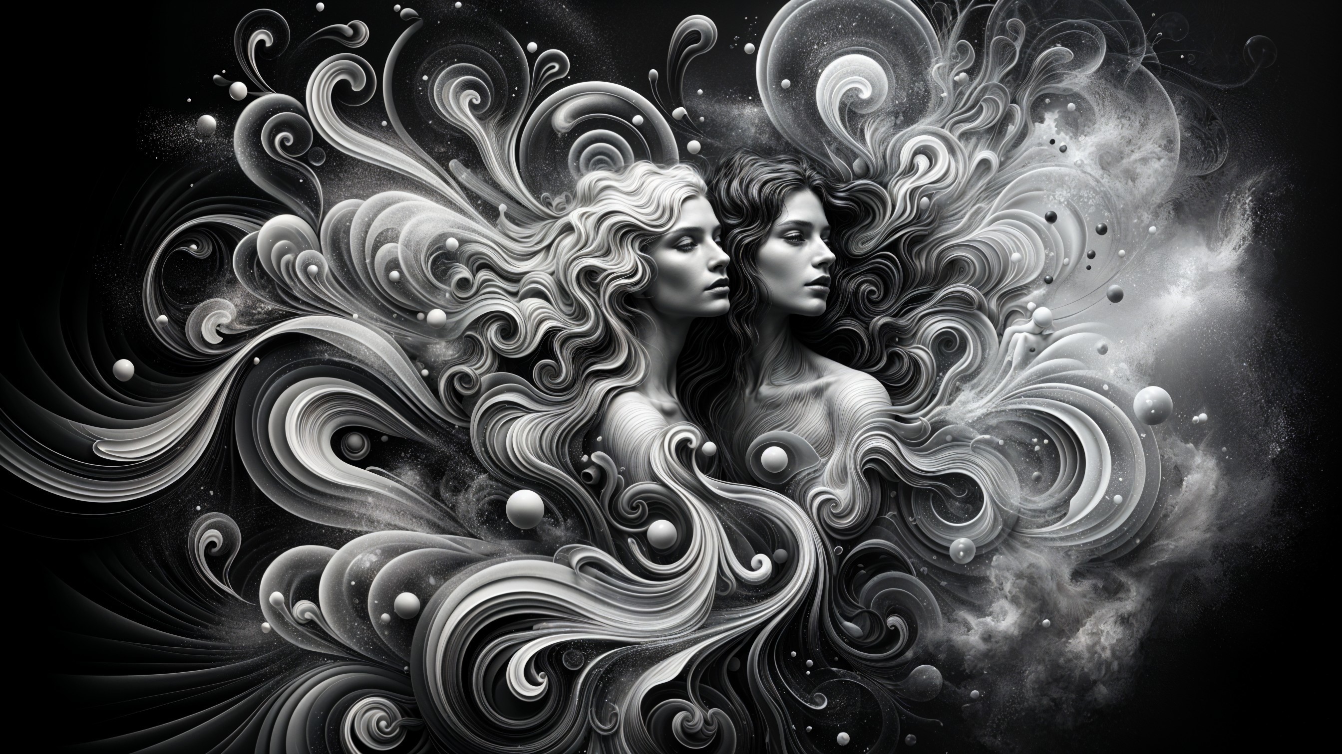 Intricate Black-and-White Design with Female Faces