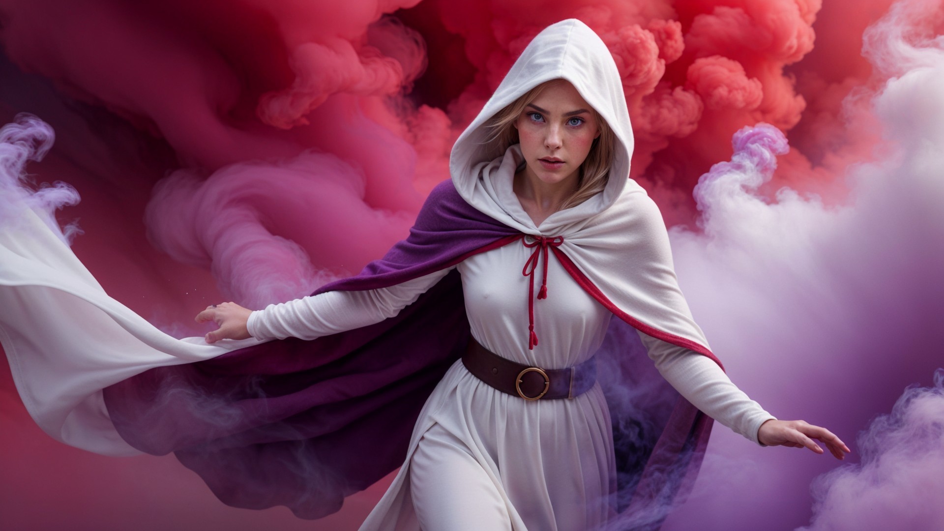 Young woman in cloak amidst swirling red and pink smoke