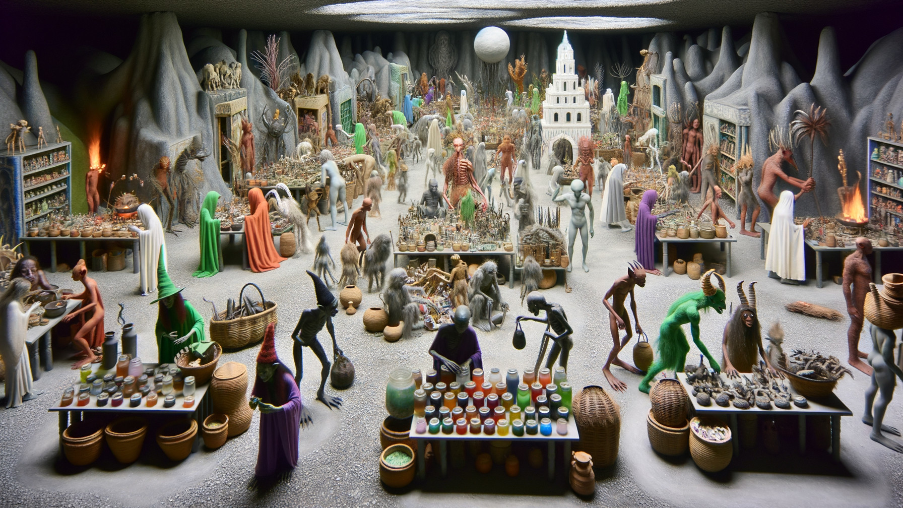 Mythical Marketplace with Creatures and Vibrant Colors