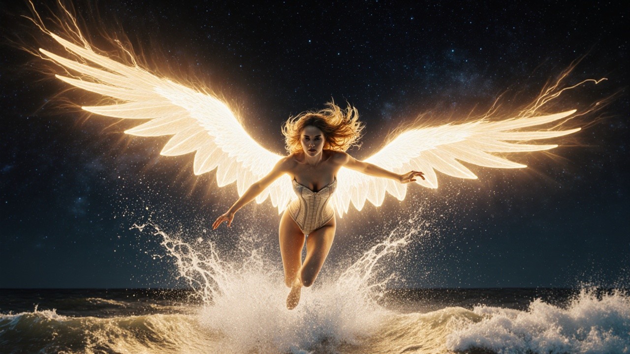 Ethereal Woman with Wings Leaping from Ocean Wave