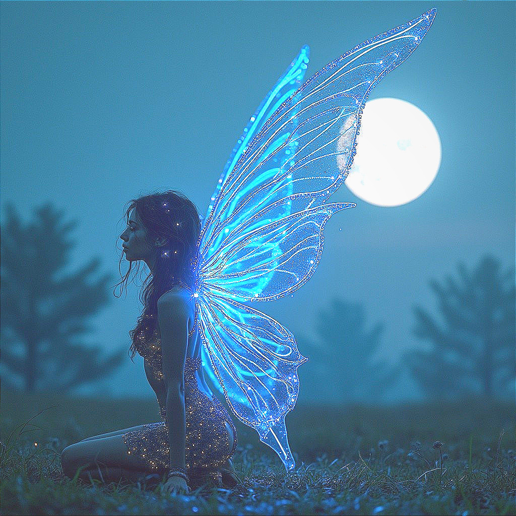 Ethereal Figure in Moonlit Landscape with Butterfly Wings