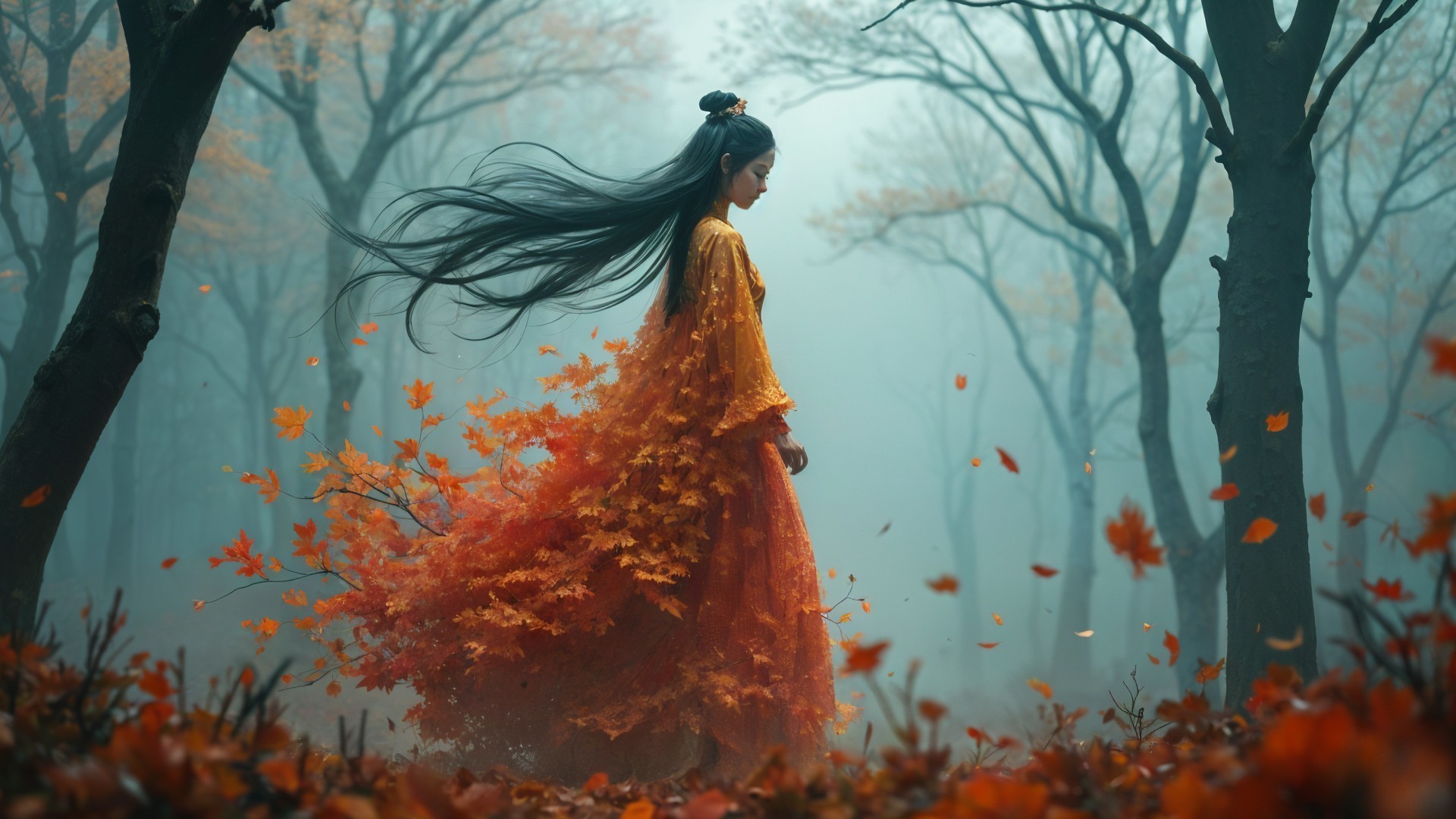 Young Woman in Autumn Forest with Falling Leaves