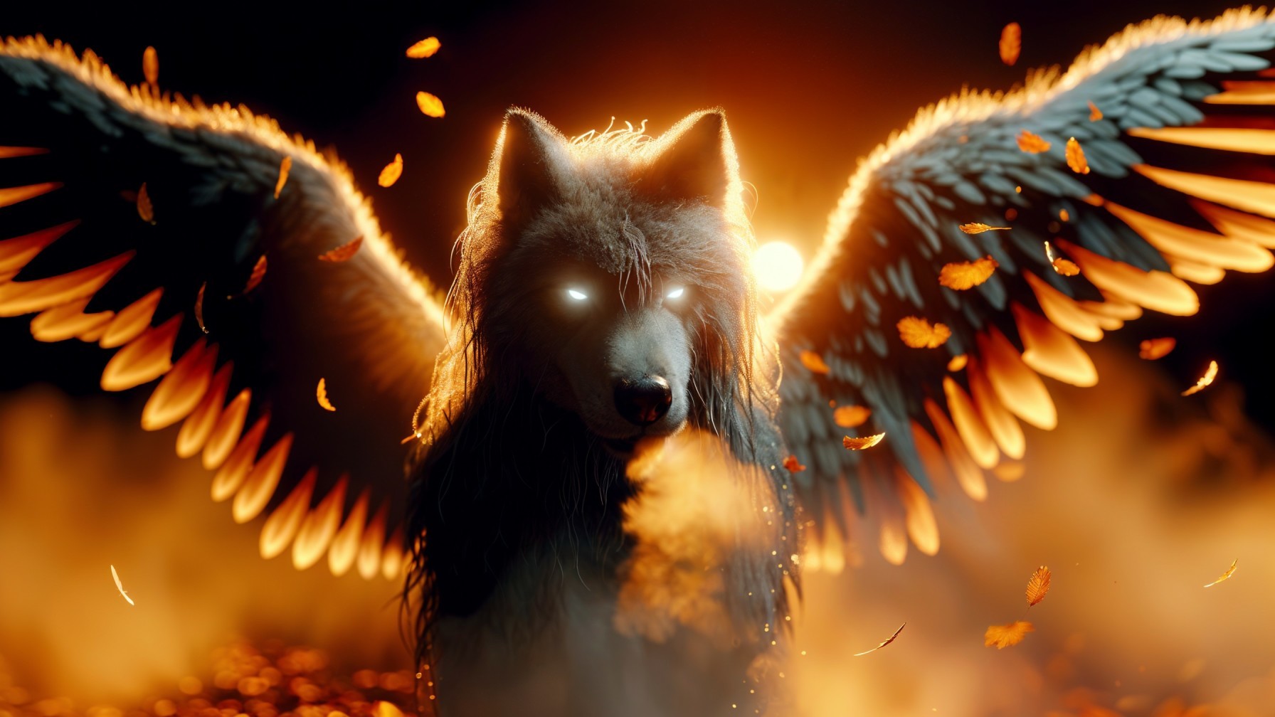 Majestic Winged Wolf in Enchanting Sunset Scene