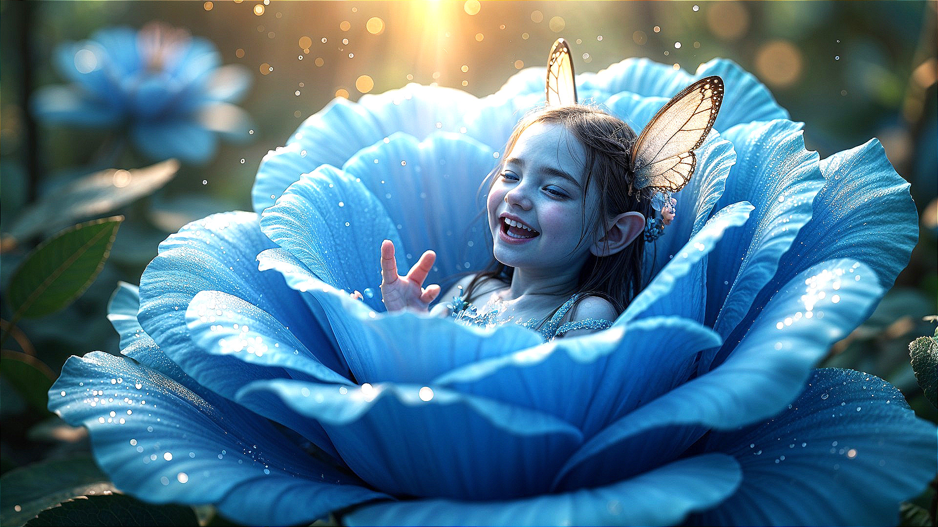 Fairy Girl with Butterfly Wings in Blue Flower