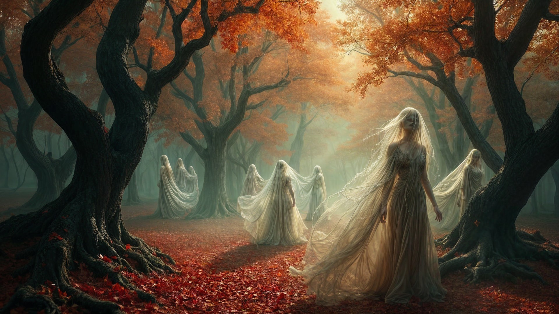 Mystical forest with autumn hues and ethereal figures