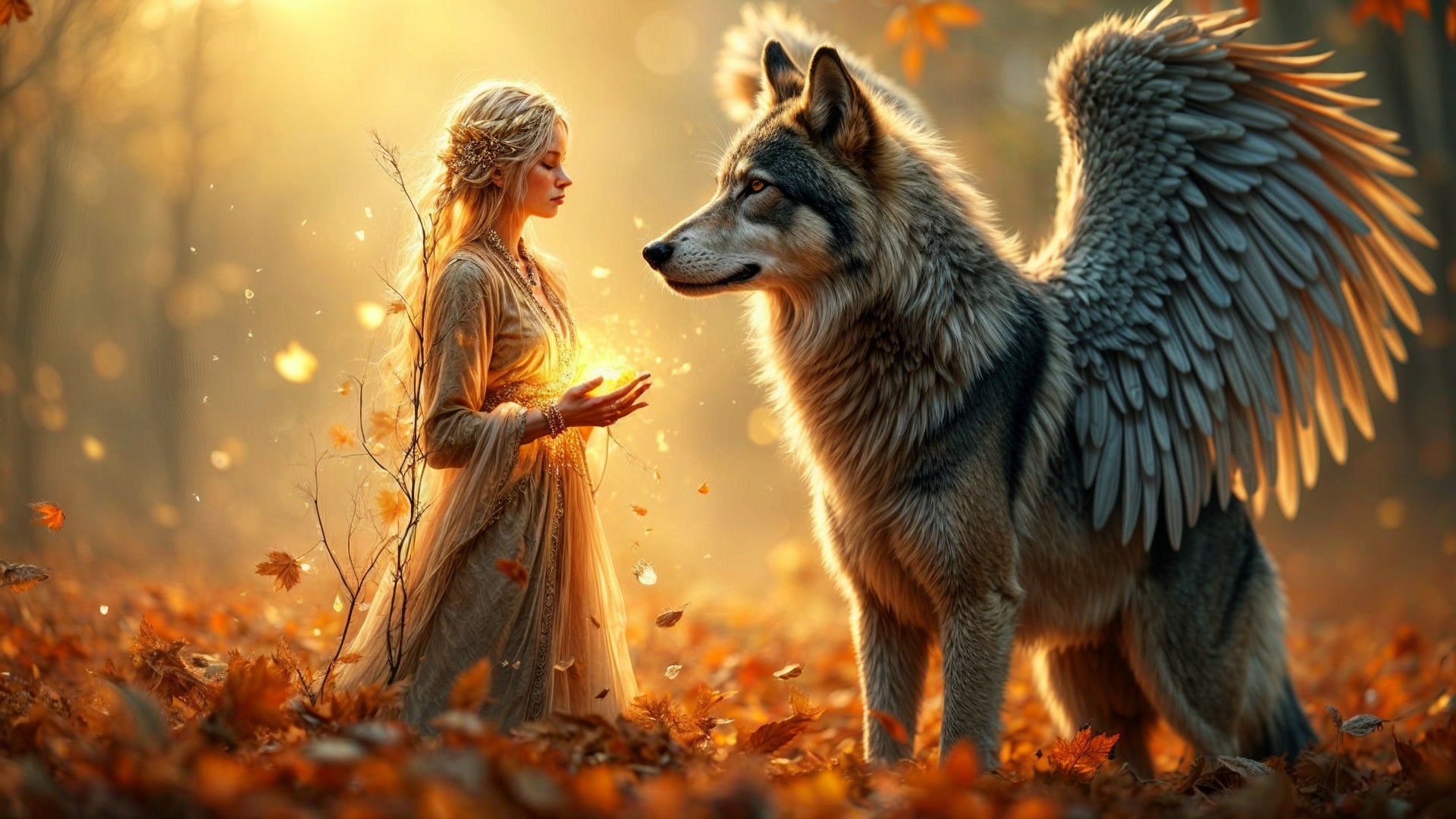 Mystical forest scene with girl and winged wolf