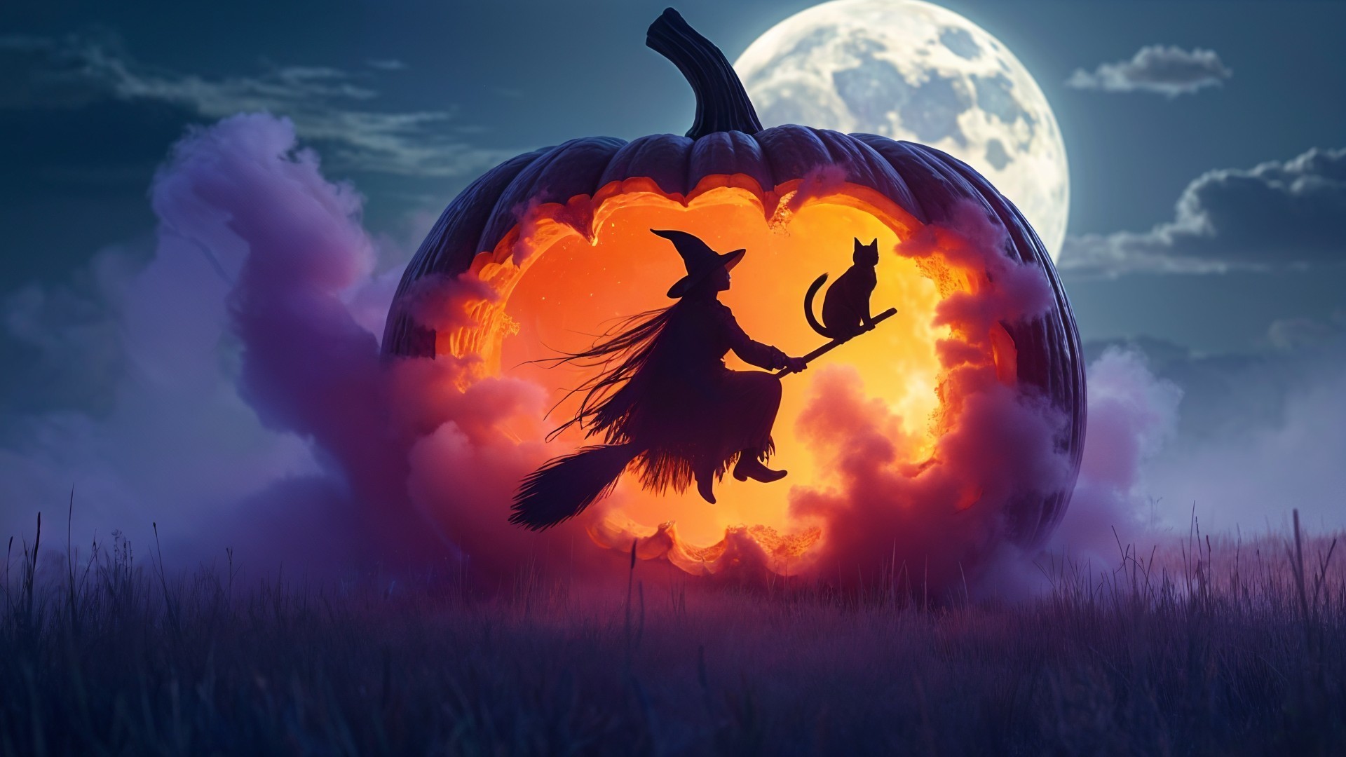 Glowing Pumpkin and Witch in Mystical Halloween Scene