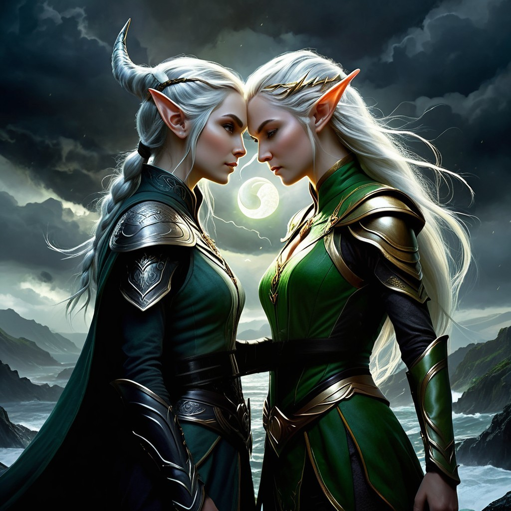 Elegant Elf Figures in Dramatic Moonlit Setting