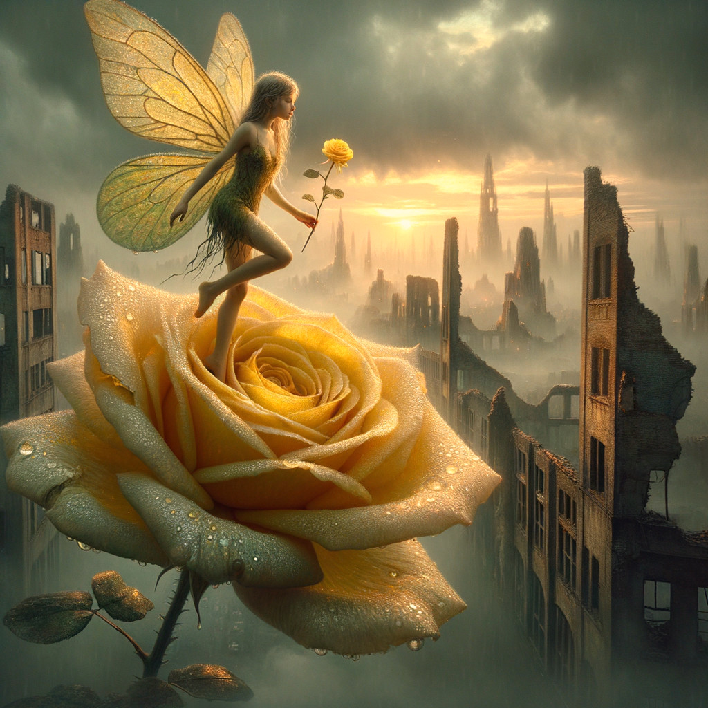 Fairy on Yellow Rose in Surreal Landscape at Sunset
