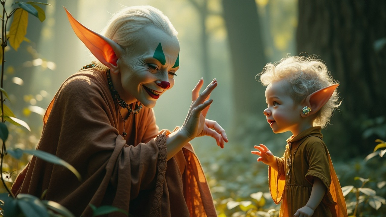 Whimsical Forest Interaction Between Child and Figure