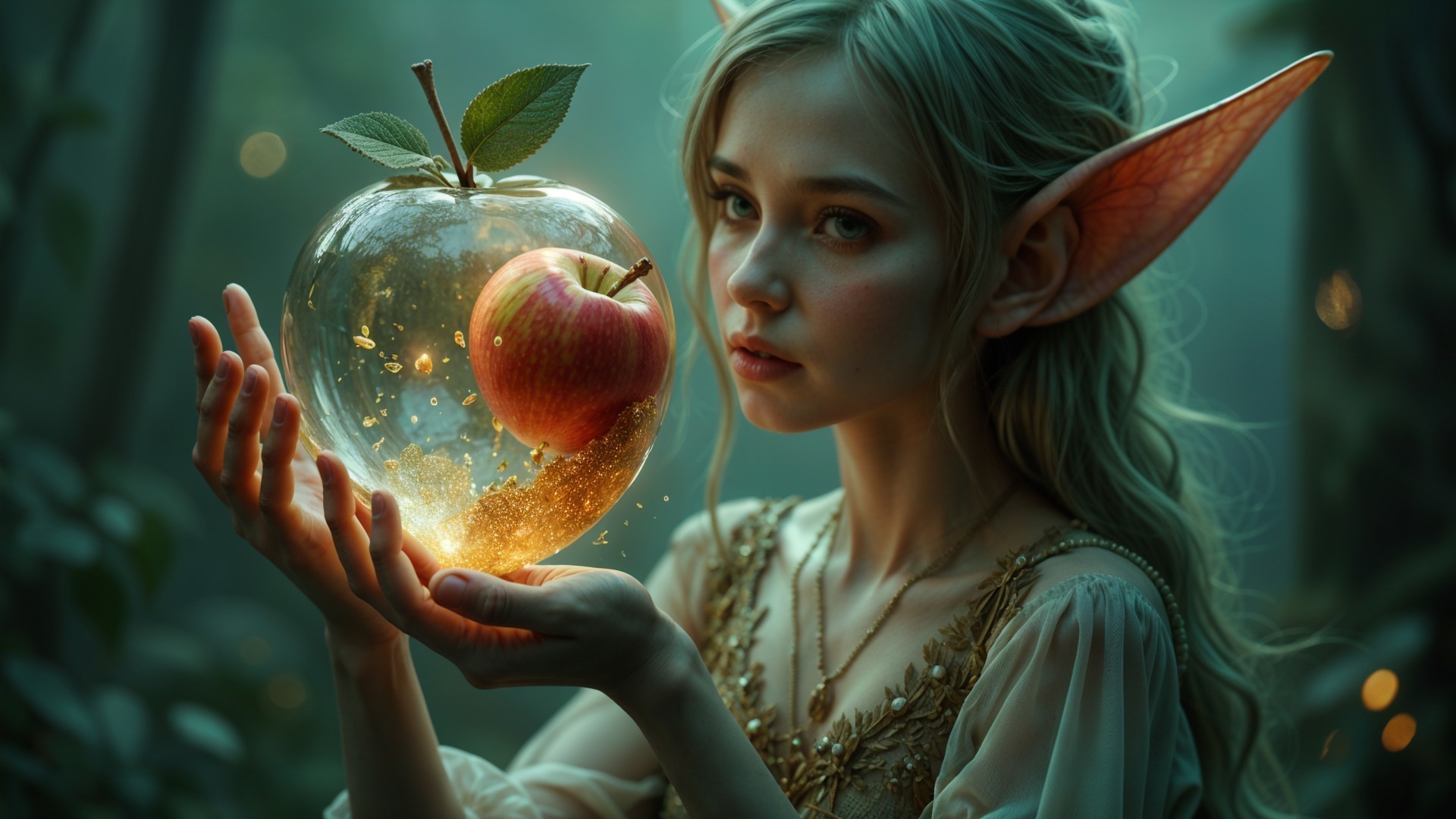 Young girl with pointed ears in a magical forest scene