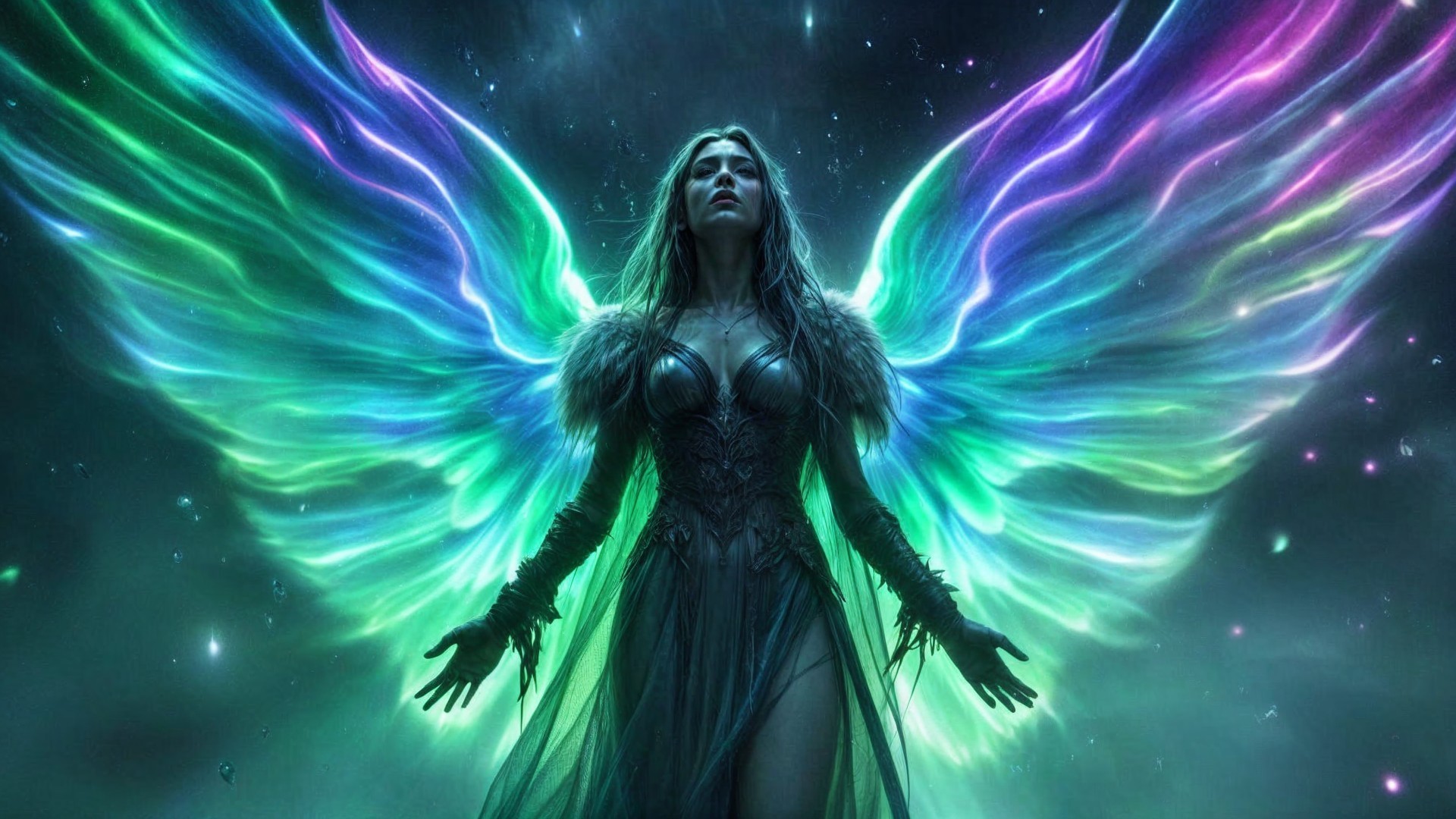 Mystical figure with iridescent wings in starry scene