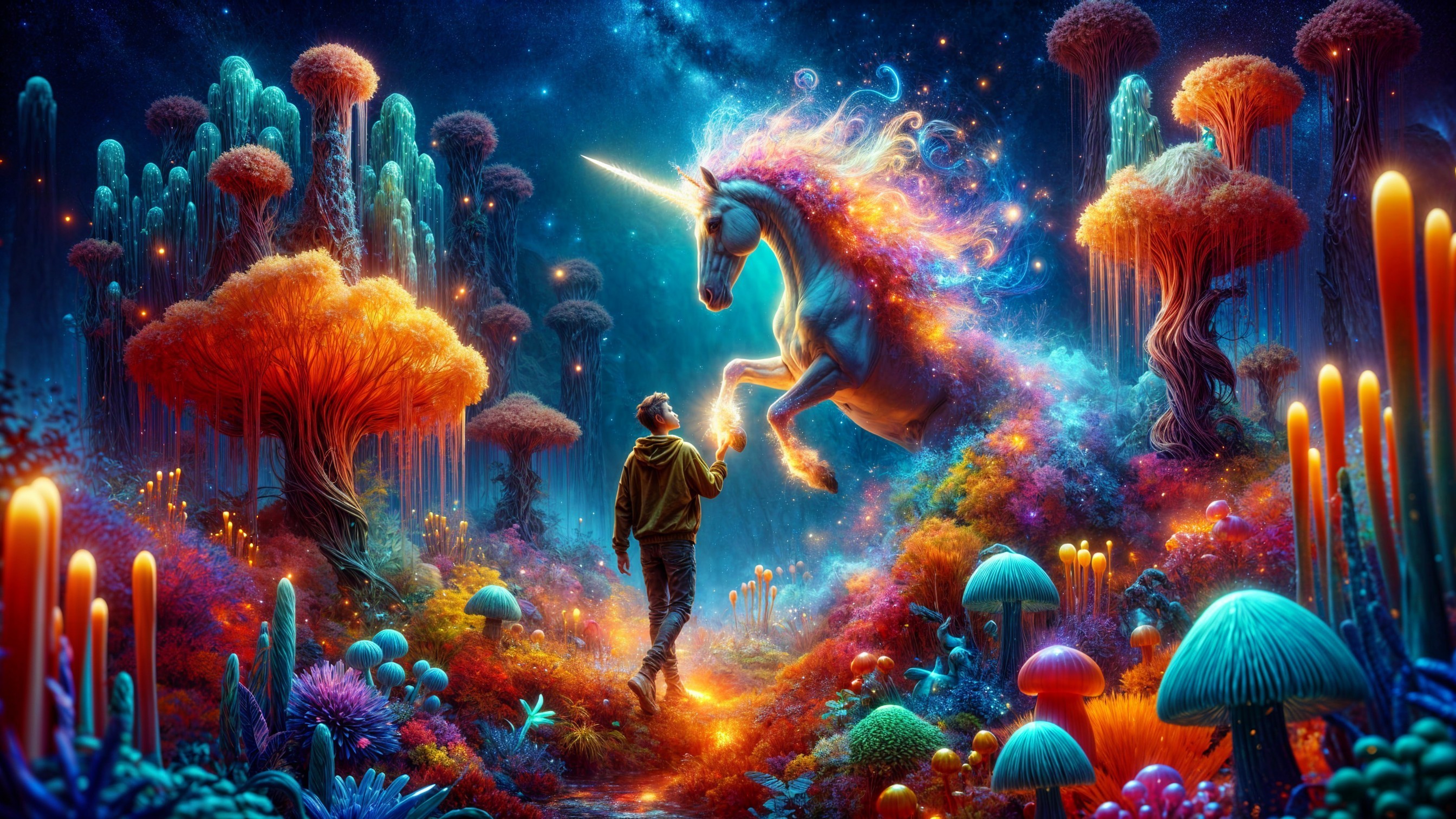 Surreal Landscape with Unicorn and Vibrant Colors
