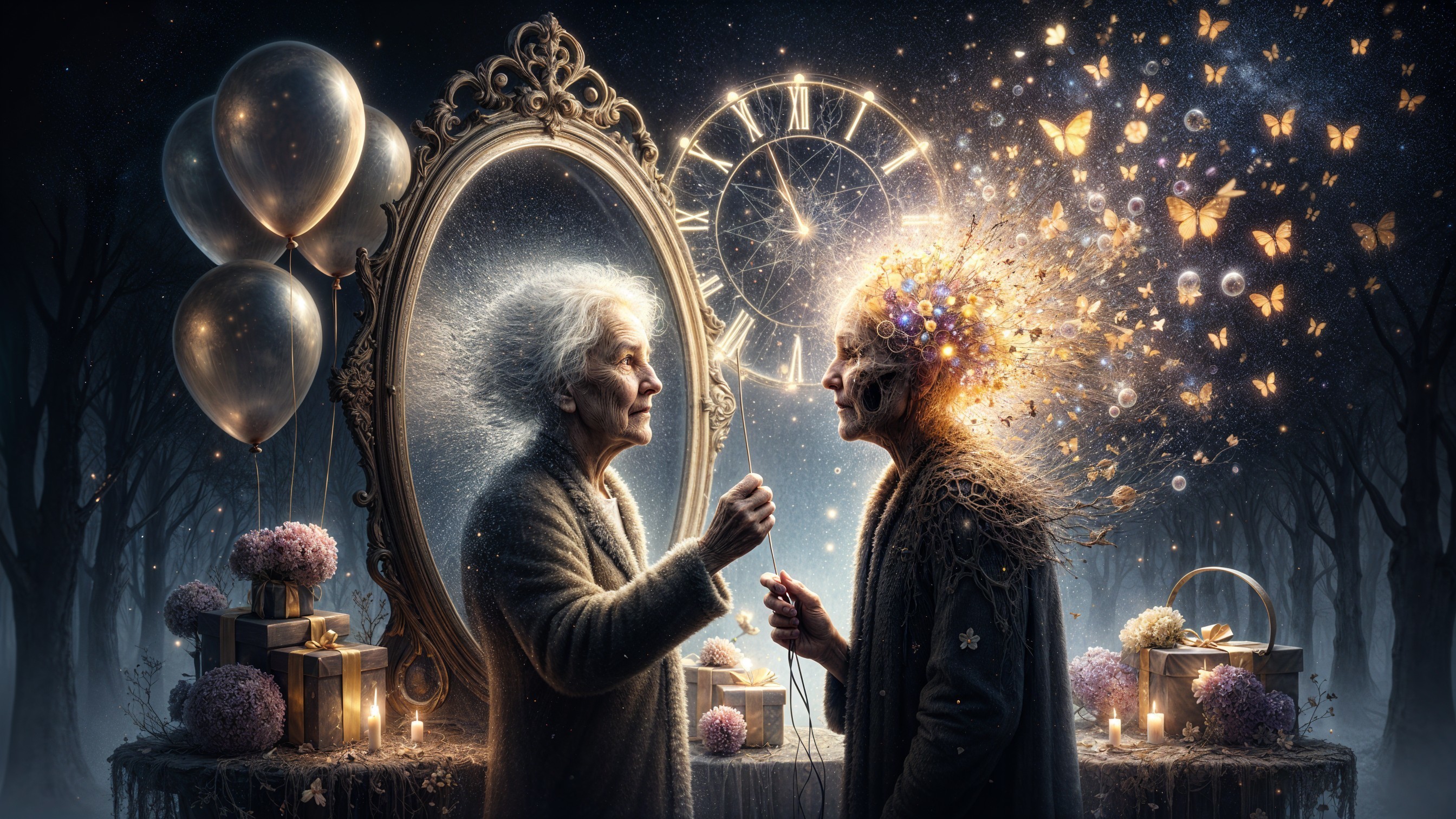 Elderly Woman's Reflection in Ethereal Dream Setting