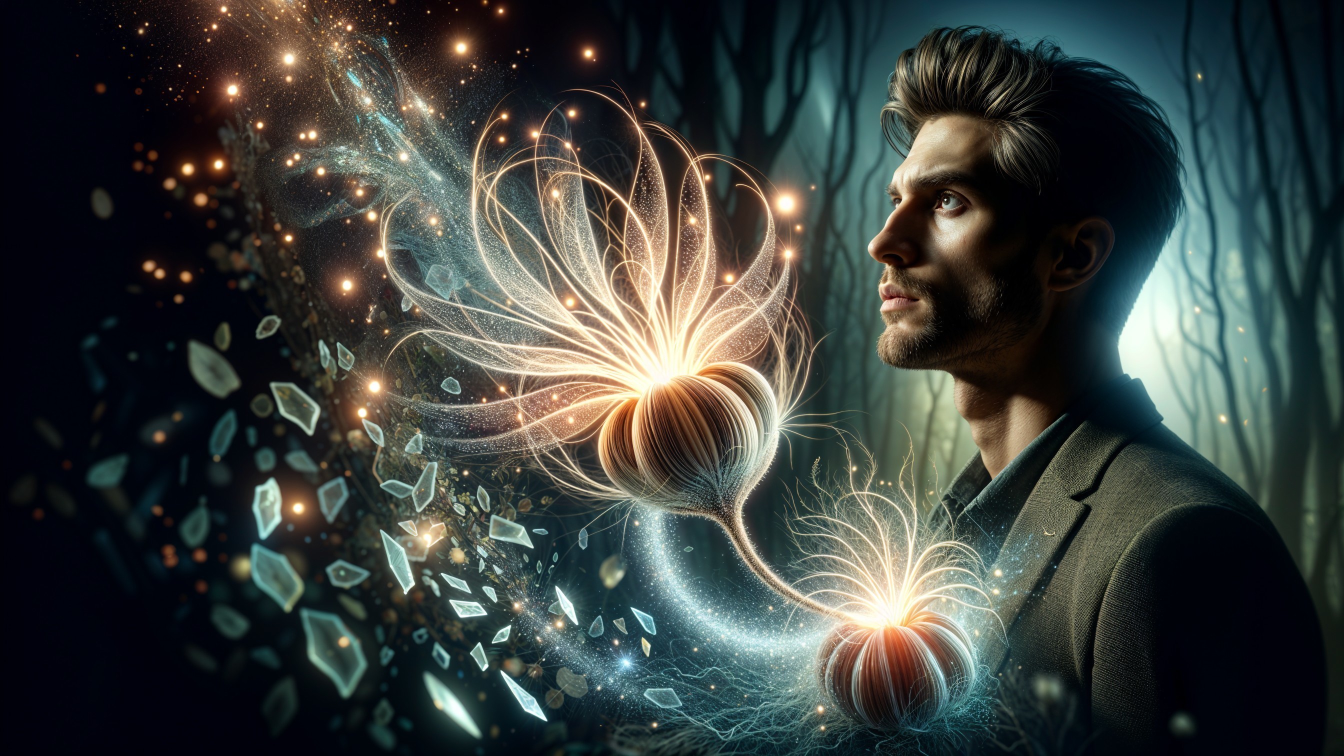 Contemplative Man in Dark Forest with Glowing Orbs