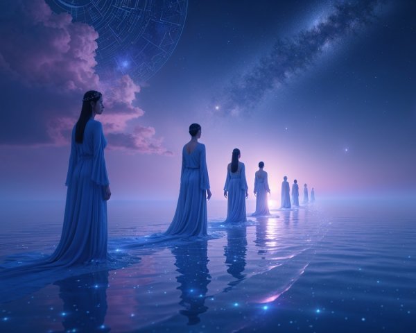 Surreal Landscape with Ethereal Figures and Galaxies