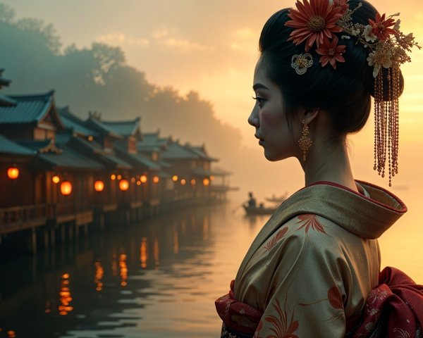 Serene Dusk Scene with Woman by Misty River