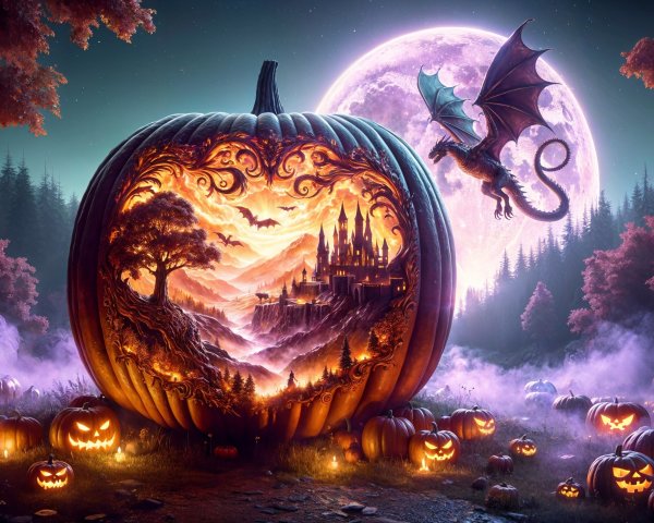 Intricately Carved Pumpkin with Mystical Landscape