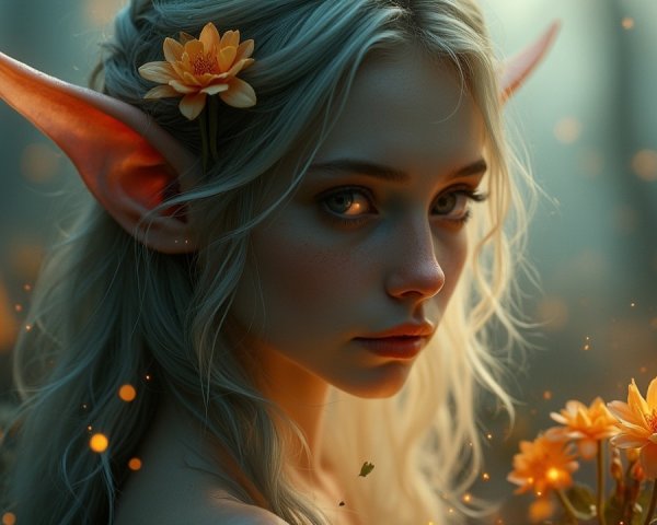Young Elf Surrounded by Flowers in Mystical Forest