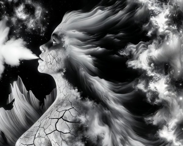 Monochromatic Illustration of Woman with Cosmic Elements