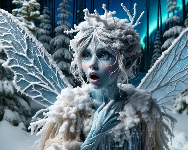 Winter Fairy in Snowy Forest with Northern Lights