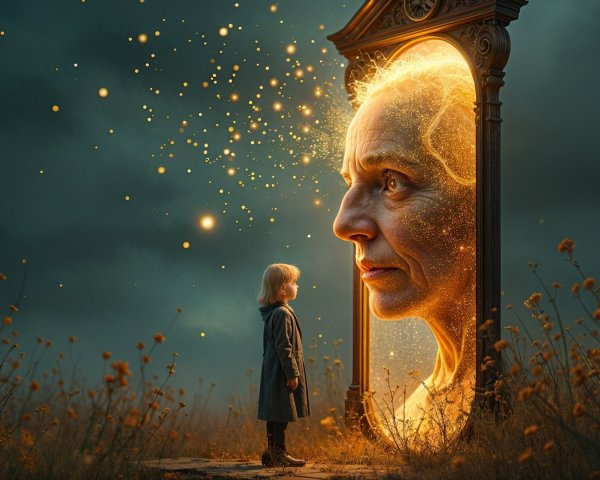 Young girl and elderly woman in mystical mirror scene