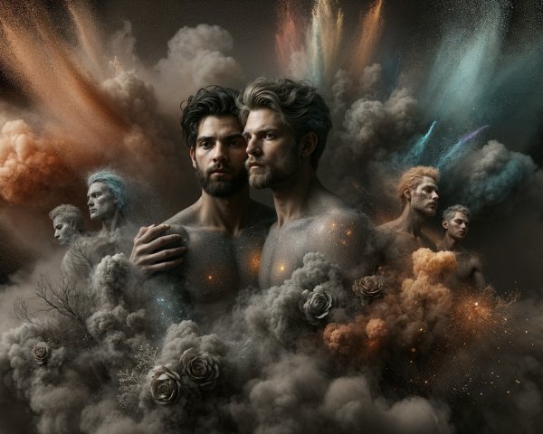 Male Figures Embracing in Colorful Surreal Artwork