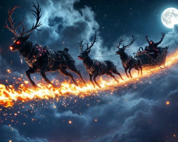 Dark Scene of Reindeer and Mysterious Figure in Sleigh