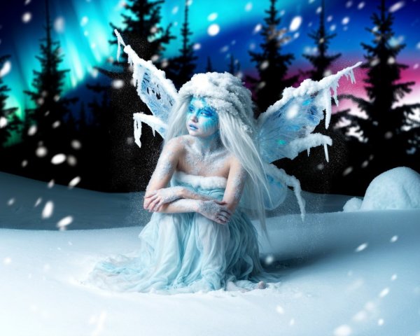 Fairy in Winter Landscape with Aurora Borealis