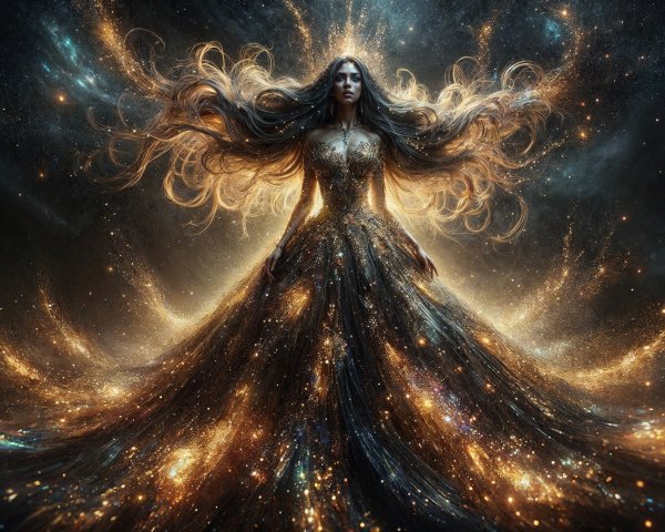 Mystical figure in cosmic scene with starry gown