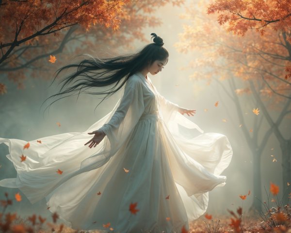 Dancer in White Garment Among Autumn Forest Leaves