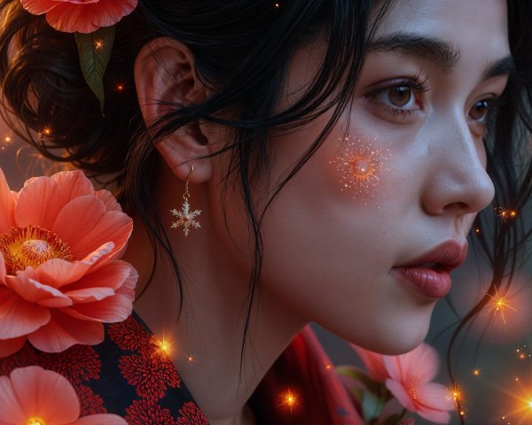 Close-Up Portrait of a Young Woman with Flowers