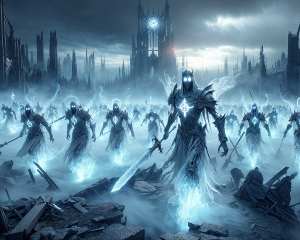 Ghostly Armored Figures in a Desolate Landscape