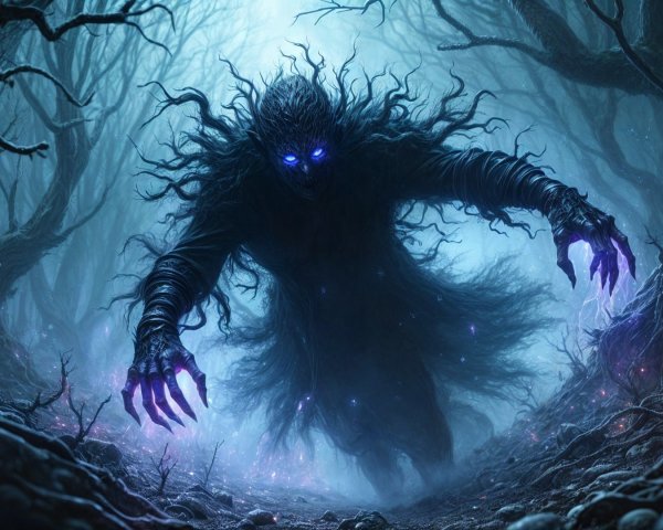 Eerie Forest with Shadowy Figure and Glowing Eyes
