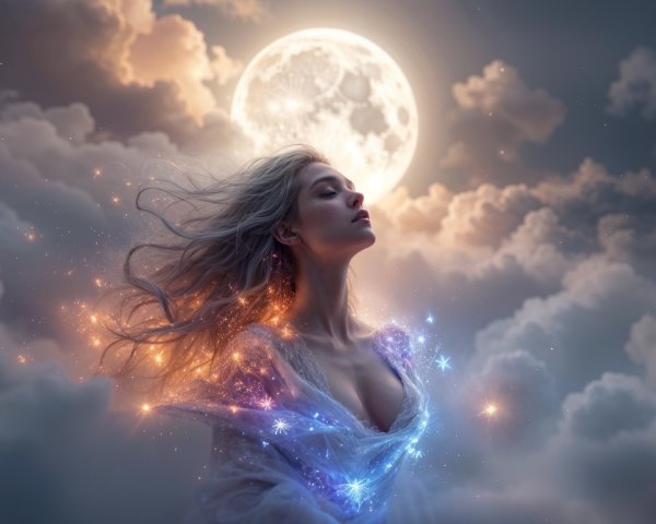 Serene Figure Under Moonlit Clouds and Stars