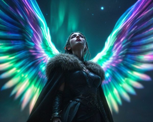 Mystical figure with colorful wings in night sky