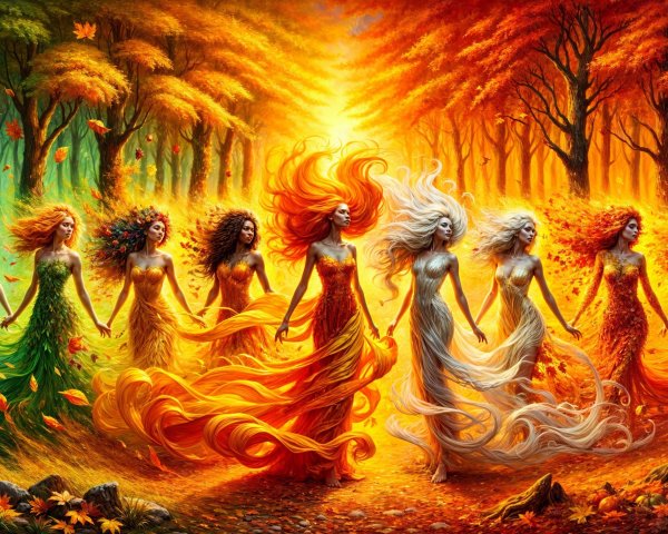 Ethereal Women Representing Seasons in Lush Forest