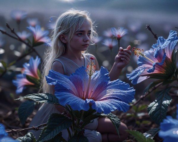 Young girl with blonde hair among blue hibiscus flowers