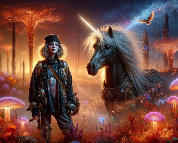 Mystical Landscape with Unicorn and Bioluminescent Elements