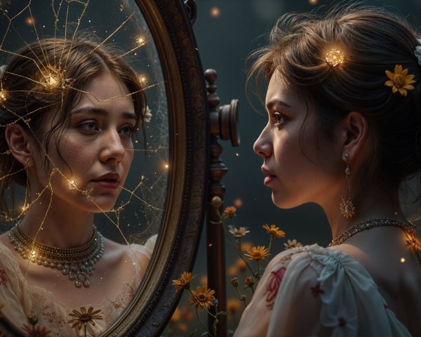 Young woman in vintage gown gazing into ornate mirror