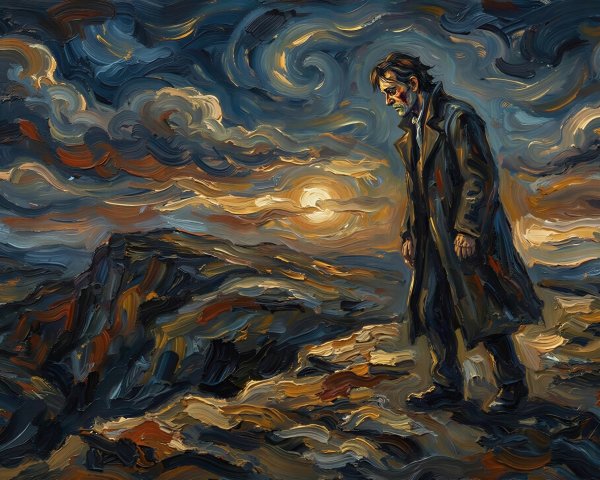 Textured Oil Painting of a Man in Mountainous Twilight