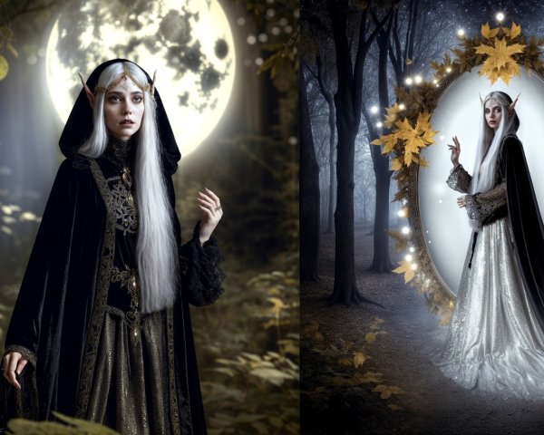 Mystical Figure in Dimly Lit Forest with Moonlight