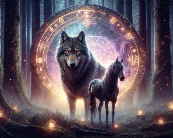 Majestic wolf and horse in a magical forest setting
