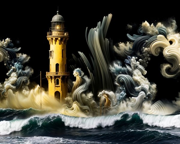 Lighthouse Amidst Turbulent Waves and Dark Skies