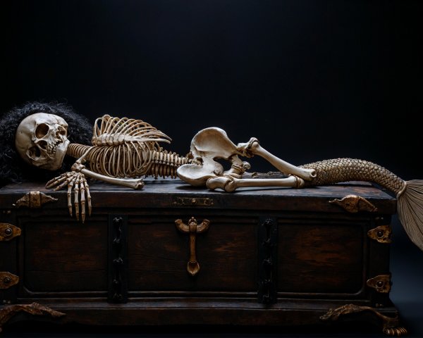 Mermaid Skeleton on Wooden Chest with Dark Background