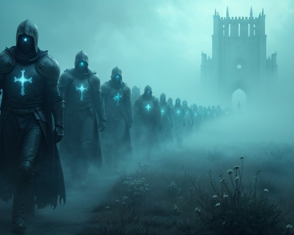 Armored Figures in Fog with Illuminated Crosses