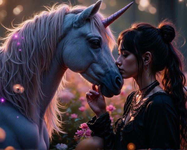 Magical Forest Scene with Unicorn and Young Woman